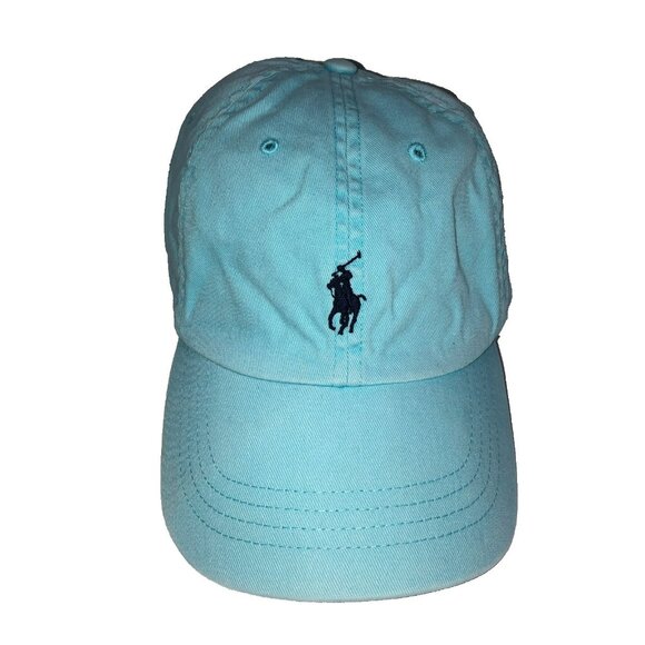 Polo Ralph Lauren Leather Strapback Hat Cap Baby Blue Pony Adjustable Baseball - Picture 1 of 8